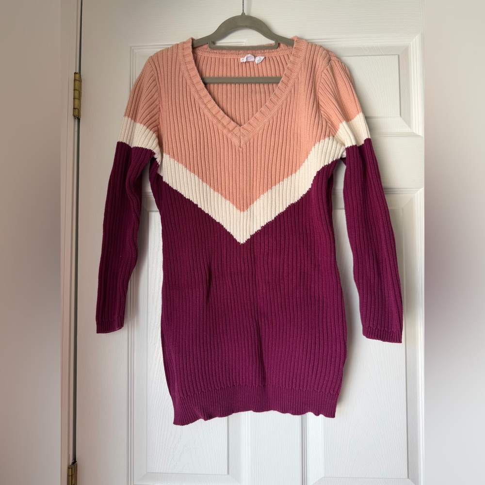 Colorblock V-Neck Sweater - Pink, Cream, and Purple